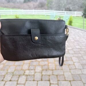 Classic Black Leather Wristlet Clutch